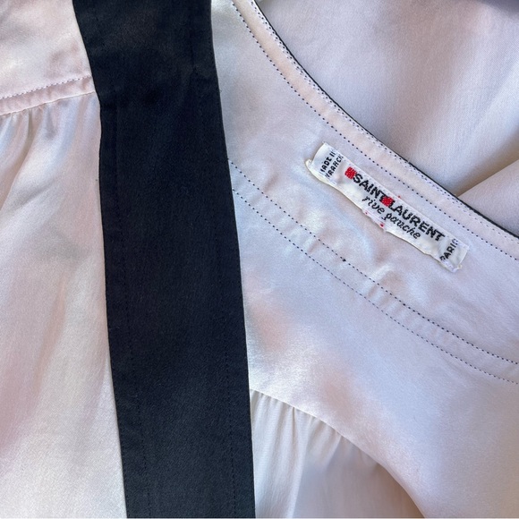 Vintage Saint Laurent Button Up Blouse Black Cream Silky Satin Paris France - Picture 8 of 10